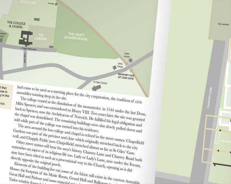 Heritage booklet spread with an illustrated map of Norwich’s Chapelfield area