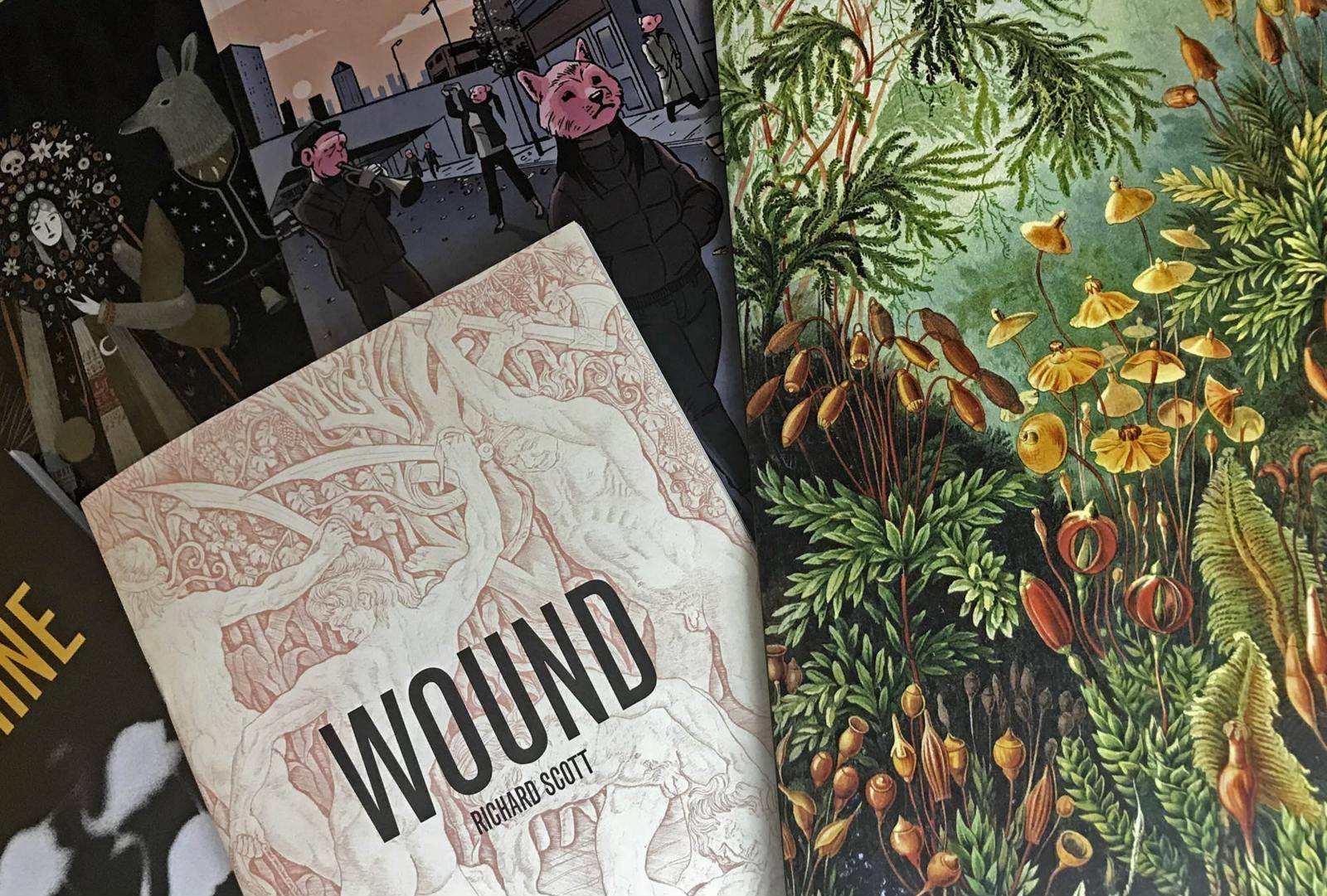 Poetry books and magazines with illustrated covers designed by Starfish, including Wound by Richard Scott